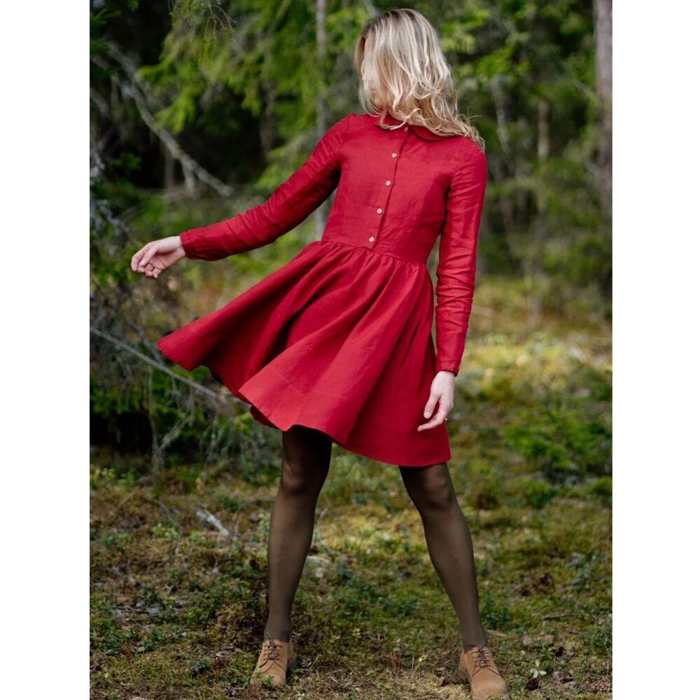 Son de Flor Classic Linen Mini Dress / Size XL / Red Poppy Peter Pan Collar